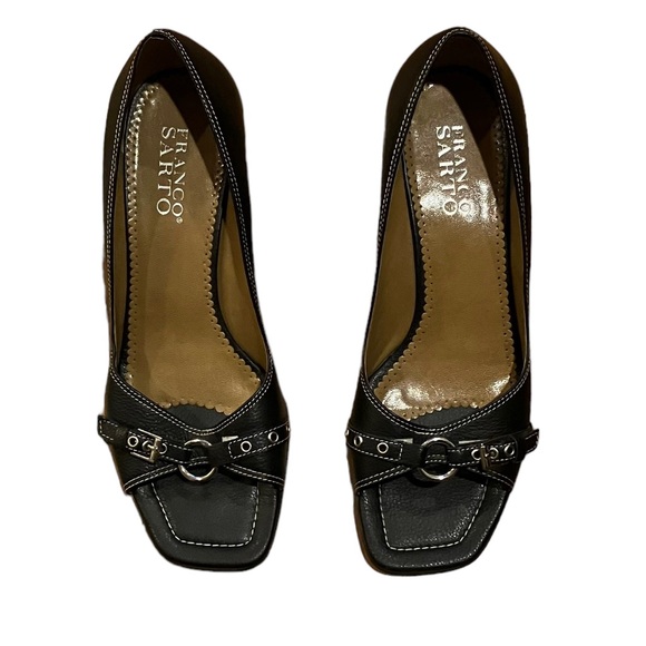 Franco Sarto Peep Toe Wedge Black Leather Heels - Picture 2 of 7